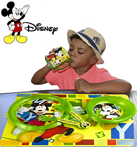 ML Set de Vajilla Infantil para niño y niña. 6 Piezas: Plato, Taza, Cubiertos, Vaso y Mantel con diseño de Disney (Verde)