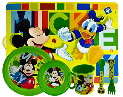 ML Set de Vajilla Infantil para niño y niña. 6 Piezas: Plato, Taza, Cubiertos, Vaso y Mantel con diseño de Disney (Verde)