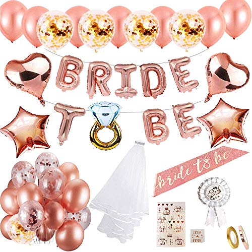 MMTX Hen party decoración para bodas fajín de novia velo bodas bandera Confetti Oro rosa globos,Estrella Corazón globos papel aluminio placa Tatuajes para despedida soltera Noche de gallina fiesta