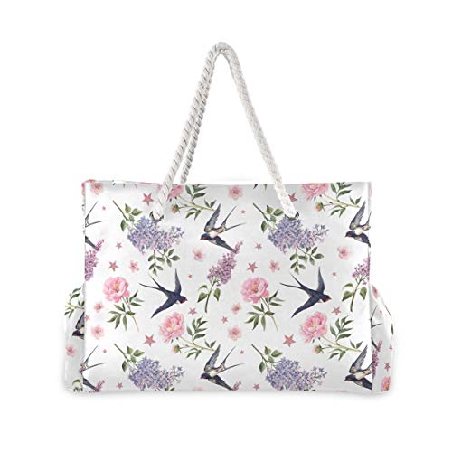 Mnsruu Bolsa de playa XXL, anémona y golondrina, bolsa de playa, asas de cuerda de algodón, bolsa de viaje para mujer