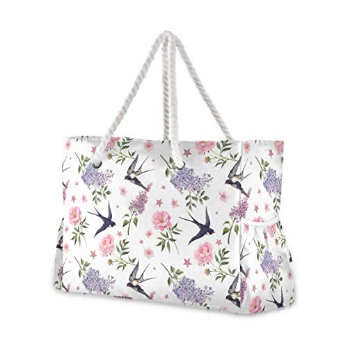 Mnsruu Bolsa de playa XXL, anémona y golondrina, bolsa de playa, asas de cuerda de algodón, bolsa de viaje para mujer