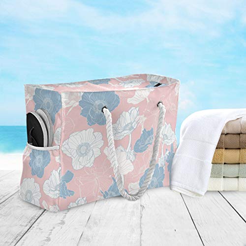 Mnsruu - Bolsa de playa XXL, diseño de flores anémonas de hombro, bolsa de playa, asas de cuerda de algodón, bolsa de viaje para mujer