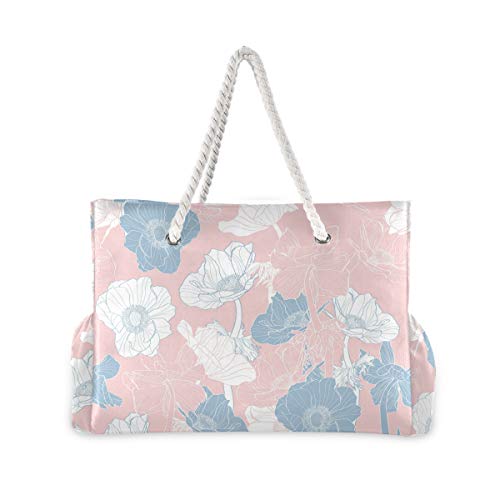 Mnsruu - Bolsa de playa XXL, diseño de flores anémonas de hombro, bolsa de playa, asas de cuerda de algodón, bolsa de viaje para mujer