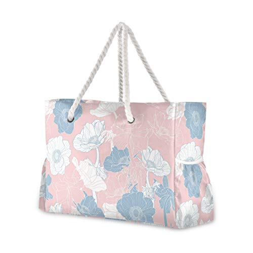 Mnsruu - Bolsa de playa XXL, diseño de flores anémonas de hombro, bolsa de playa, asas de cuerda de algodón, bolsa de viaje para mujer