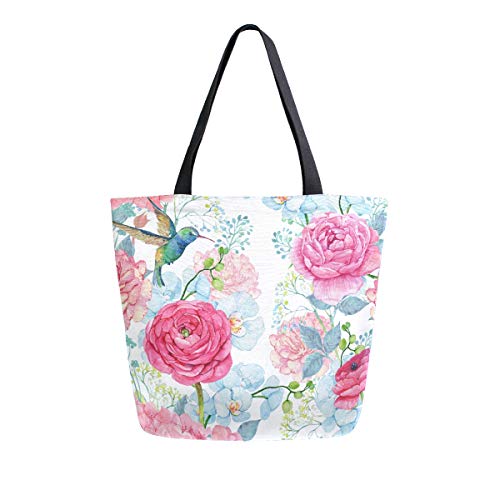 Mnsruu Colibrí Flor Pájaro Floral Comida Bolsa Reutilizable Mujer Grande Casual Bolso de Hombro Bolsas para Compras Comestibles Viajes al Aire Libre