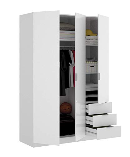 Mobelcenter - Armario 3 Puertas y 3 cajones - Armario 181 (Alto) x 122 (Ancho) x 52 (Fondo) cm - Armario Blanco - (1019)