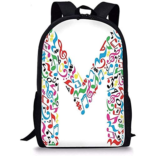 Mochilas Escolares Letra MM Notas Mayores y Menores y Otros Elementos Musicales en mayúscula M Diseño Alfabeto Multicolor
