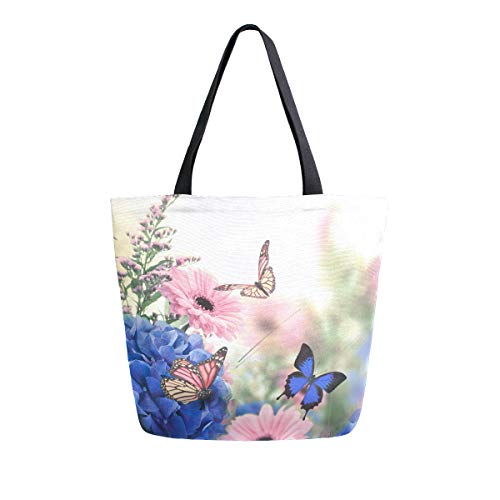 Moda Casual Reutilizable Bolsas De Comestibles Hortensias y Margaritas Mariposa Hombres Mujeres Bolso De Hombro De Lona