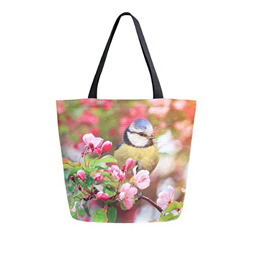Moda Casual reutilizable bolsas de comestibles pájaros sentado ramas de rosa cerezo flor primavera hombres mujeres hombro bolsa de lona