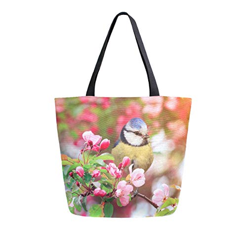 Moda Casual reutilizable bolsas de comestibles pájaros sentado ramas de rosa cerezo flor primavera hombres mujeres hombro bolsa de lona