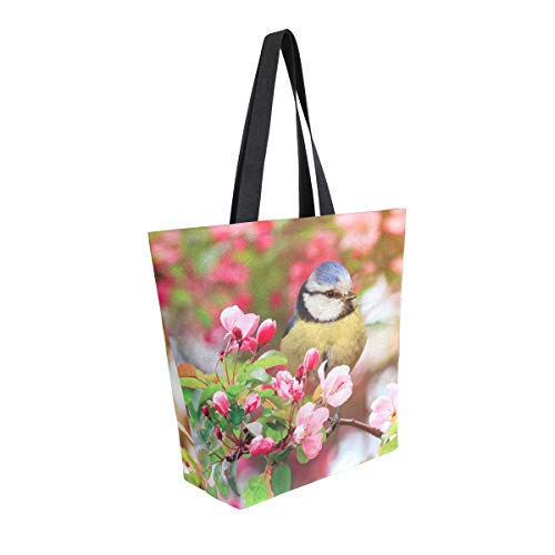 Moda Casual reutilizable bolsas de comestibles pájaros sentado ramas de rosa cerezo flor primavera hombres mujeres hombro bolsa de lona