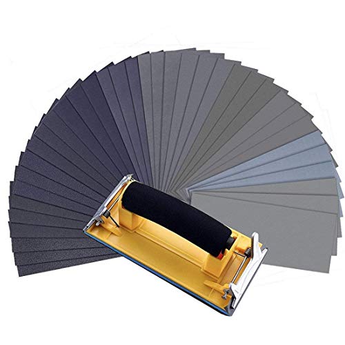 MOHOO Papel de Lija, Surtido 36 Lija Seco / al Agua de 120 a 3000 Grava Impermeable con 1 Lijadora Manual 9.3*23cm para Acabado de Muebles de Madera Lijado de Metal y Pulido de Coches Carpintería etc