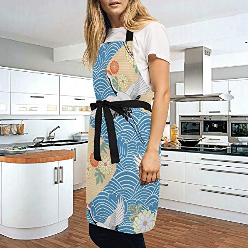 Mokale Delantal,Patrón Sin Fisuras con Aves Grulla Garza Japonesa,Babero de Cocina Unisex con Cuello Ajustable para cocinar jardinería, tamaño Adulto