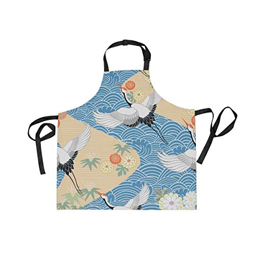 Mokale Delantal,Patrón Sin Fisuras con Aves Grulla Garza Japonesa,Babero de Cocina Unisex con Cuello Ajustable para cocinar jardinería, tamaño Adulto