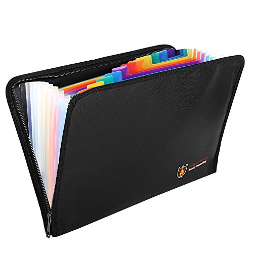 MoKo Bolsa Resistente al Fuego Ignífuga y Impermeable Portátil Tamaño A4, Carpeta Clasificadora Expandible con Cremallera de Maxima Protección de Silicona (14.3"x 9.8") - Negro