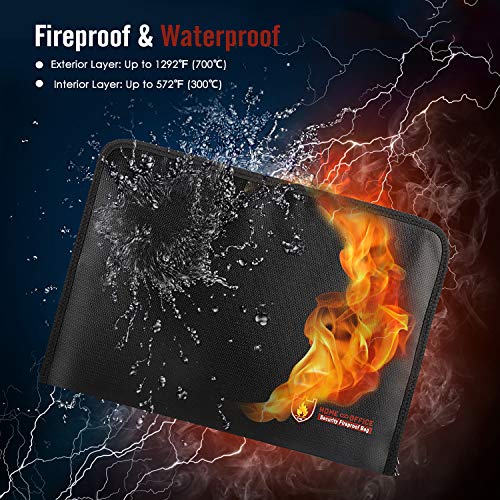MoKo Bolsa Resistente al Fuego Ignífuga y Impermeable Portátil Tamaño A4, Carpeta Clasificadora Expandible con Cremallera de Maxima Protección de Silicona (14.3"x 9.8") - Negro