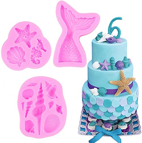 Molde de silicona para fondant, conchas, cola de sirena, caballito de mar, estrella de mar, coral, herramientas de horneado hechas a mano para decoración de pasteles con tema de sirena (6 unidades)