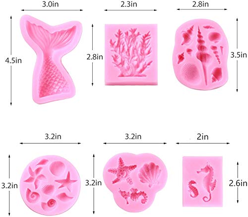 Molde de silicona para fondant, conchas, cola de sirena, caballito de mar, estrella de mar, coral, herramientas de horneado hechas a mano para decoración de pasteles con tema de sirena (6 unidades)