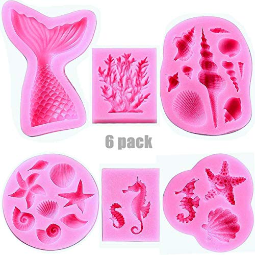 Molde de silicona para fondant, conchas, cola de sirena, caballito de mar, estrella de mar, coral, herramientas de horneado hechas a mano para decoración de pasteles con tema de sirena (6 unidades)