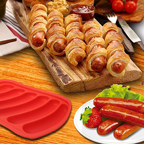 Molde de silicona para hamburguesas de 6 cavidades para salchichas Hot Dogs DIY hecho a mano, moldes YuCool para cubitos de hielo, bandeja de pan, caramelo, gelatina, chocolate y torta, color rojo