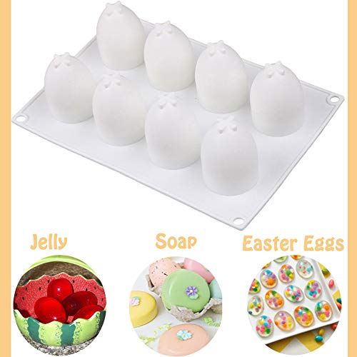 Molde de silicona para huevos de Pascua HIMM 3D, paquete de 8, molde para hornear huevos, color blanco, para hornear tartas, chocolate, mousse, galletas, postres, 10 x 6 pulgadas