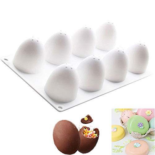 Molde de silicona para huevos de Pascua HIMM 3D, paquete de 8, molde para hornear huevos, color blanco, para hornear tartas, chocolate, mousse, galletas, postres, 10 x 6 pulgadas