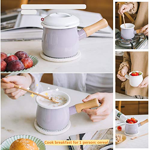 Molde esmaltado para leche, mini calentador de mantequilla de 10 cm, cacerola esmaltada con mango de madera, tamaño perfecto para calentar porciones líquidas más pequeñas.
