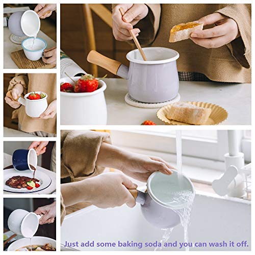 Molde esmaltado para leche, mini calentador de mantequilla de 10 cm, cacerola esmaltada con mango de madera, tamaño perfecto para calentar porciones líquidas más pequeñas.