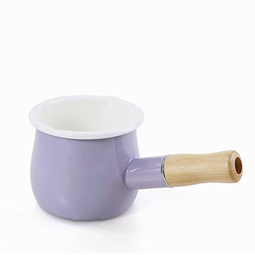 Molde esmaltado para leche, mini calentador de mantequilla de 10 cm, cacerola esmaltada con mango de madera, tamaño perfecto para calentar porciones líquidas más pequeñas.