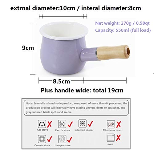 Molde esmaltado para leche, mini calentador de mantequilla de 10 cm, cacerola esmaltada con mango de madera, tamaño perfecto para calentar porciones líquidas más pequeñas.