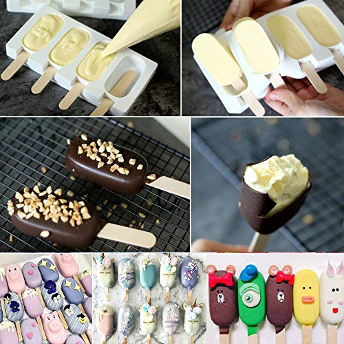 Moldes de silicona para helado, en forma ovalada, 4 cavidades con 100 palos de madera, juego de 2