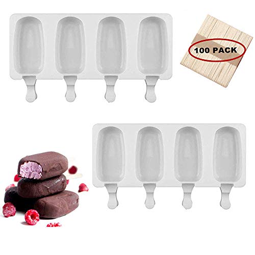 Moldes de silicona para helado, en forma ovalada, 4 cavidades con 100 palos de madera, juego de 2