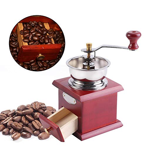 Molinillo de café manual retro.Antiguo molino de café de manivela de madera con ajuste de molienda y cajón de captura. Tamaño portátil para el hogar/oficina/viaje.(Red)