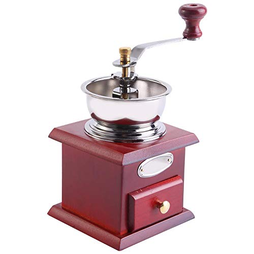Molinillo de café manual retro.Antiguo molino de café de manivela de madera con ajuste de molienda y cajón de captura. Tamaño portátil para el hogar/oficina/viaje.(Red)
