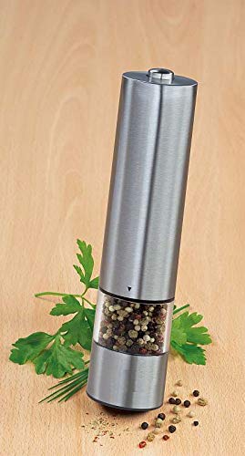 Molinillo de pimienta eléctrico de acero inoxidable con luz (mecanismo de cerámica, funciona con pilas, manejo con una sola mano)