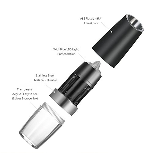 Molinillo eléctrico de sal y pimienta, alimentado por batería, grosor de molienda ajustable, luz LED azul, molinillo de pimienta negro electrónico de calidad superior