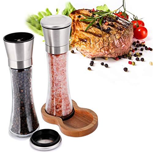 Molinillo manual para sal y pimienta,Moledor de sal y pimienta,Saleros y Pimenteros, con carcasa de cristal, inoxidable,ajustable,2 unidades