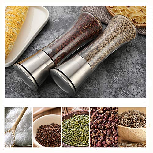 Molino de pimienta de acero inoxidable, Wisfruit molinillo de pimienta Cuerpo de vidrio claro Agitadores manuales Sartén ajustable Grueso molinillo de sal