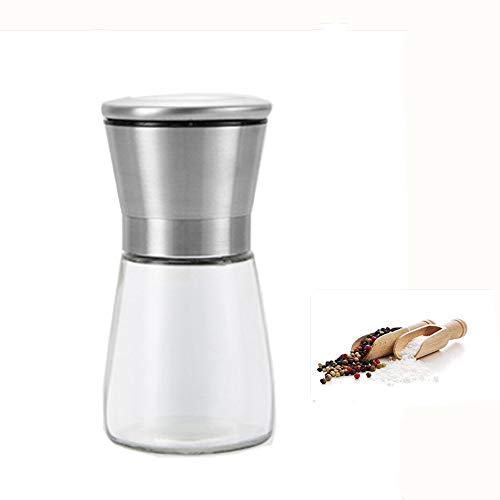 Molino de pimienta de acero inoxidable, Wisfruit molinillo de pimienta Cuerpo de vidrio claro Agitadores manuales Sartén ajustable Grueso molinillo de sal