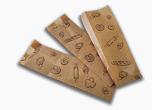 MONDIS Bolsa de Papel Kraft para panadería 9+5x30 cm. Impresa Motivos panadería, Capacidad para Media Baguette. Caja de 2000 uds.