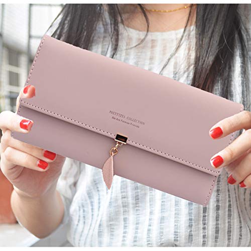 Monedero de piel sintética con colgante de hoja, monedero, monedero, monedero, tarjetero, billetera para niñas con bloqueo RFID Rosa Monedero para mujer Rosa-L large