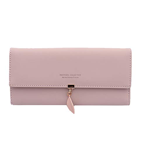 Monedero de piel sintética con colgante de hoja, monedero, monedero, monedero, tarjetero, billetera para niñas con bloqueo RFID Rosa Monedero para mujer Rosa-L large