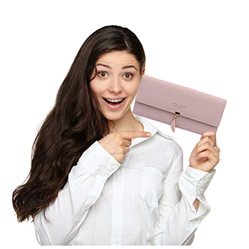Monedero de piel sintética con colgante de hoja, monedero, monedero, monedero, tarjetero, billetera para niñas con bloqueo RFID Rosa Monedero para mujer Rosa-L large
