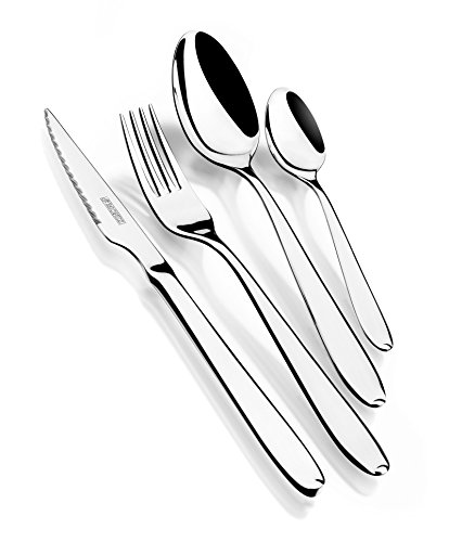 Monix London - Set de cubiertos 49 piezas de acero inox 18/10 con cuchillo chuletero y estuche Nogal, con cuchillo chuletero
