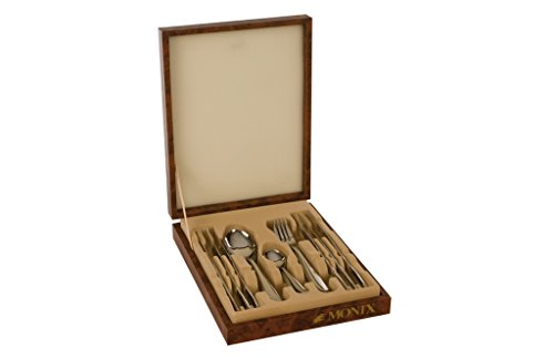 Monix Manila - Set 49 piezas cubiertos de acero inox 18/10 con cuchillo chuletero y estuche Nogal (12 comensales)