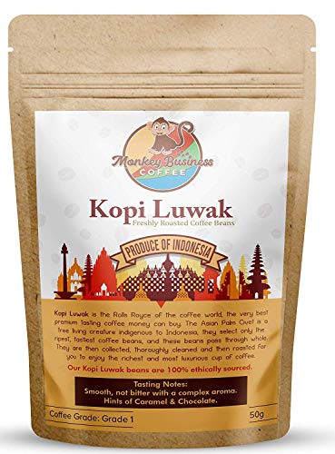 Monkey Business Coffee - Molidos De Café Kopi Luwak Salvaje - 50 Gramos (Otros Pesos Y Tipos De Frijoles Disponibles) - Fuente Sostenible (De Indonesia)
