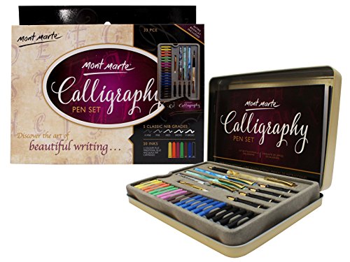 Mont Marte Kit Caligrafia - 33 piezas - Perfecto para Principiantes - Incluye: 4x Pluma Caligrafía, 5x Plumines de Caligrafía y mucho más - Gran introducción a la Caligrafía y Handlettering