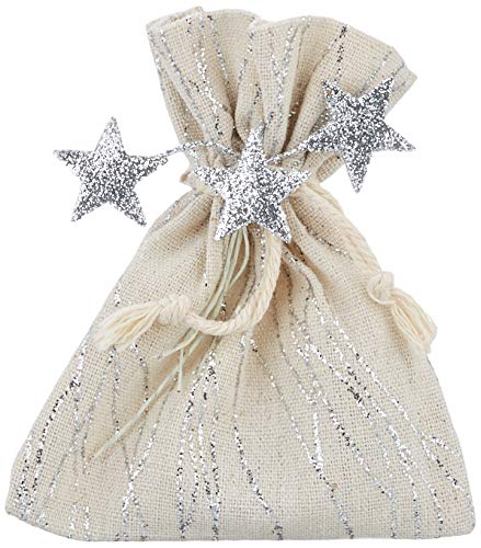 Mopec Bolsa Festiva con 3 Bombones, diseño en líneas Plata 10x13cm, Adornado con Ramillete de Estrellas, Beige, Talla única