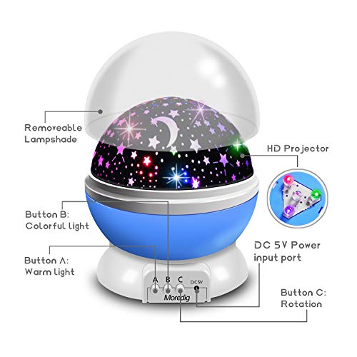 Moredig Proyector Estrellas, 360° Rotación Romántica Luz Estrellas y 8 Modos, Regalo para Niños y Bebés Cumpleaños, Día de los Reyes, Navidad, Halloween etc (Azul)