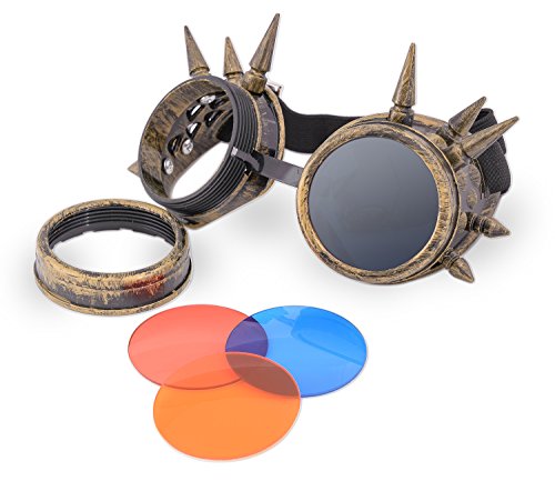 morefaz - Gafas protectoras para cosplay de estilo gótico, steampunk, antiguo y victoriano, con pinchos, incluye juego de cristales de colores diferentes, con protección UV400 (TM)